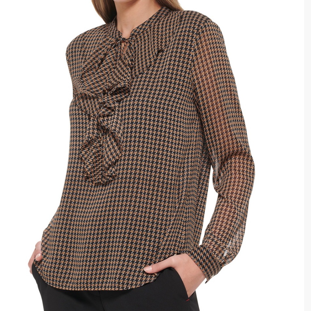 Tommy Hilfiger Brown Houndstooth Ruffle Tie Neck Long Sleeve Blouse size Large - Picture 10 of 11